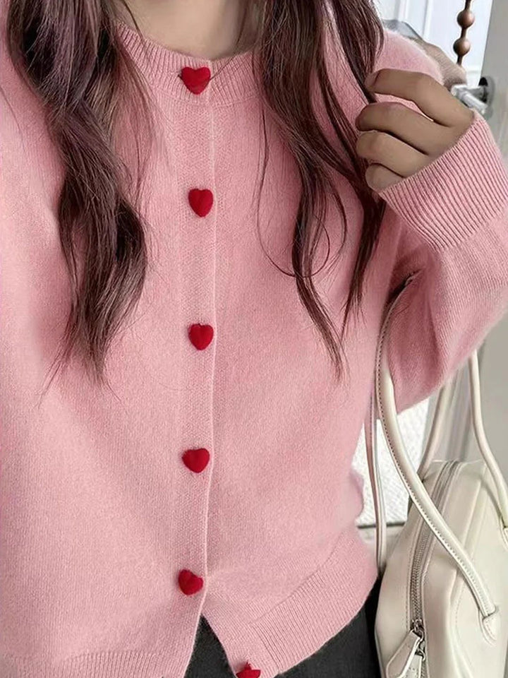 Elegant Crew Neck Heart Button Knitted Cardigan