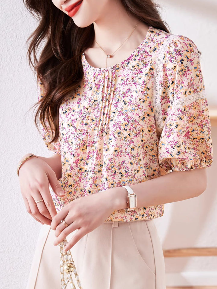 Round Neck Floral Puff Sleeve Chiffon Shirt - Green
