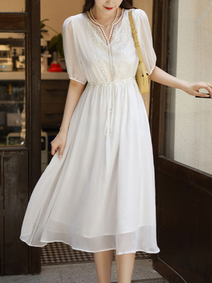 Elegant V-neck Embroidered Dress
