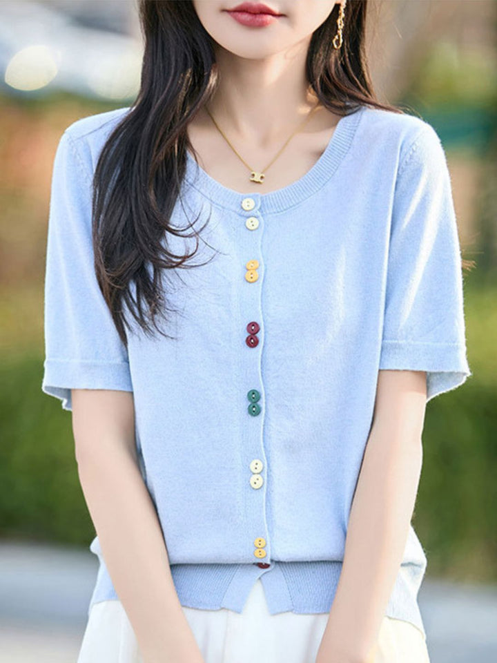 Colorful Button-Down Knitted Short-Sleeved Top