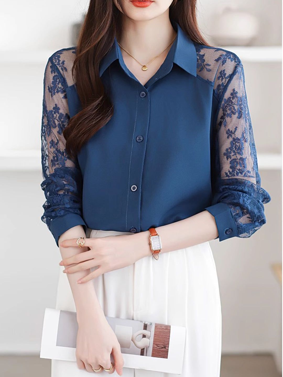 Lace Loose Lapel Chiffon Shirt