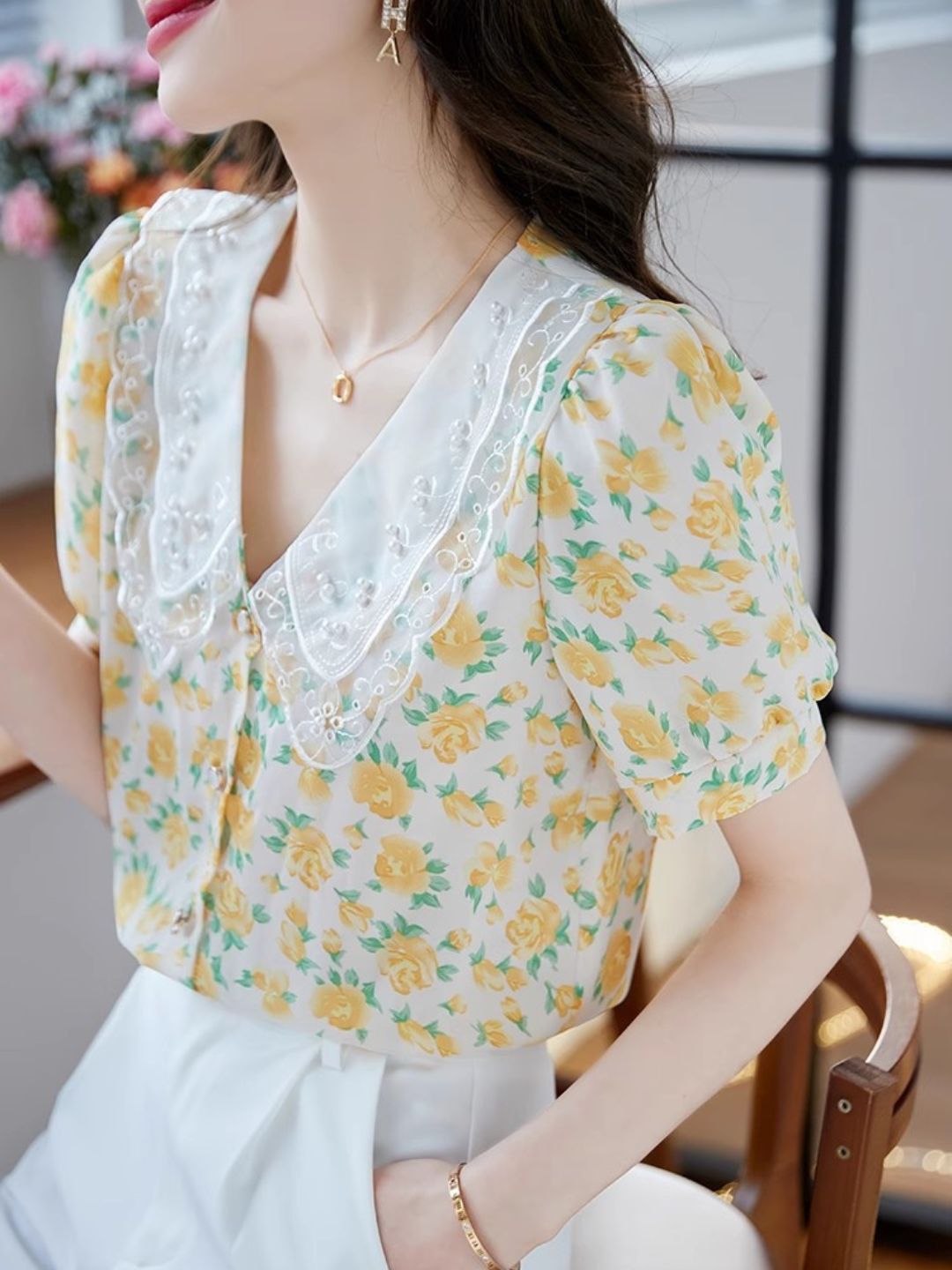 Classic Floral Printed Beaded Chiffon Shirt -Pink
