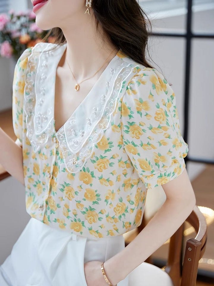 Classic Floral Printed Beaded Chiffon Shirt -Pink