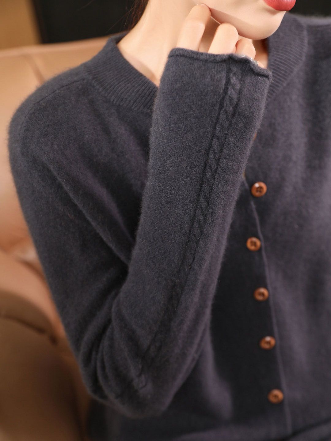 Classic Crew Neck Solid Color Knitted Cardigan