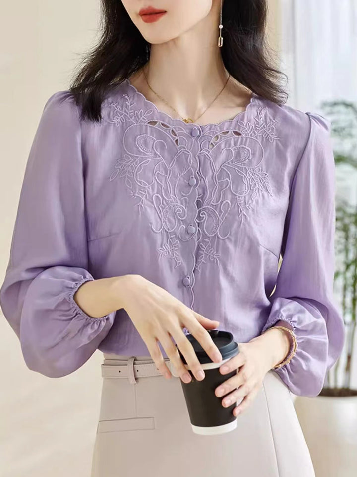 Embroidered Long-sleeved Shirt -Purple