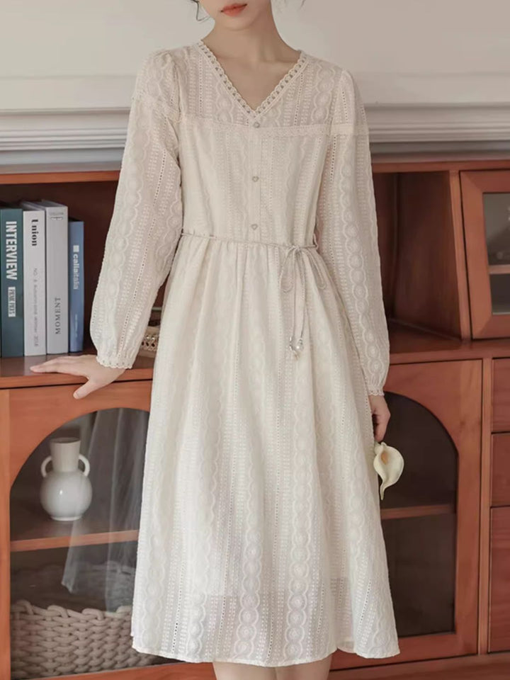 V-Neck Hook Flower Embroidery Dress