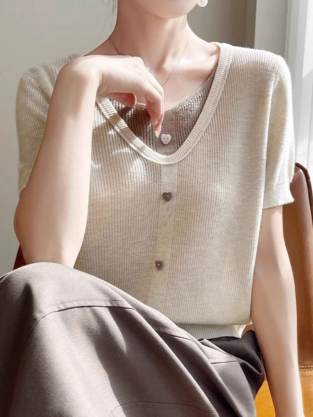 Casual V-neck Patchwork Knitted Top