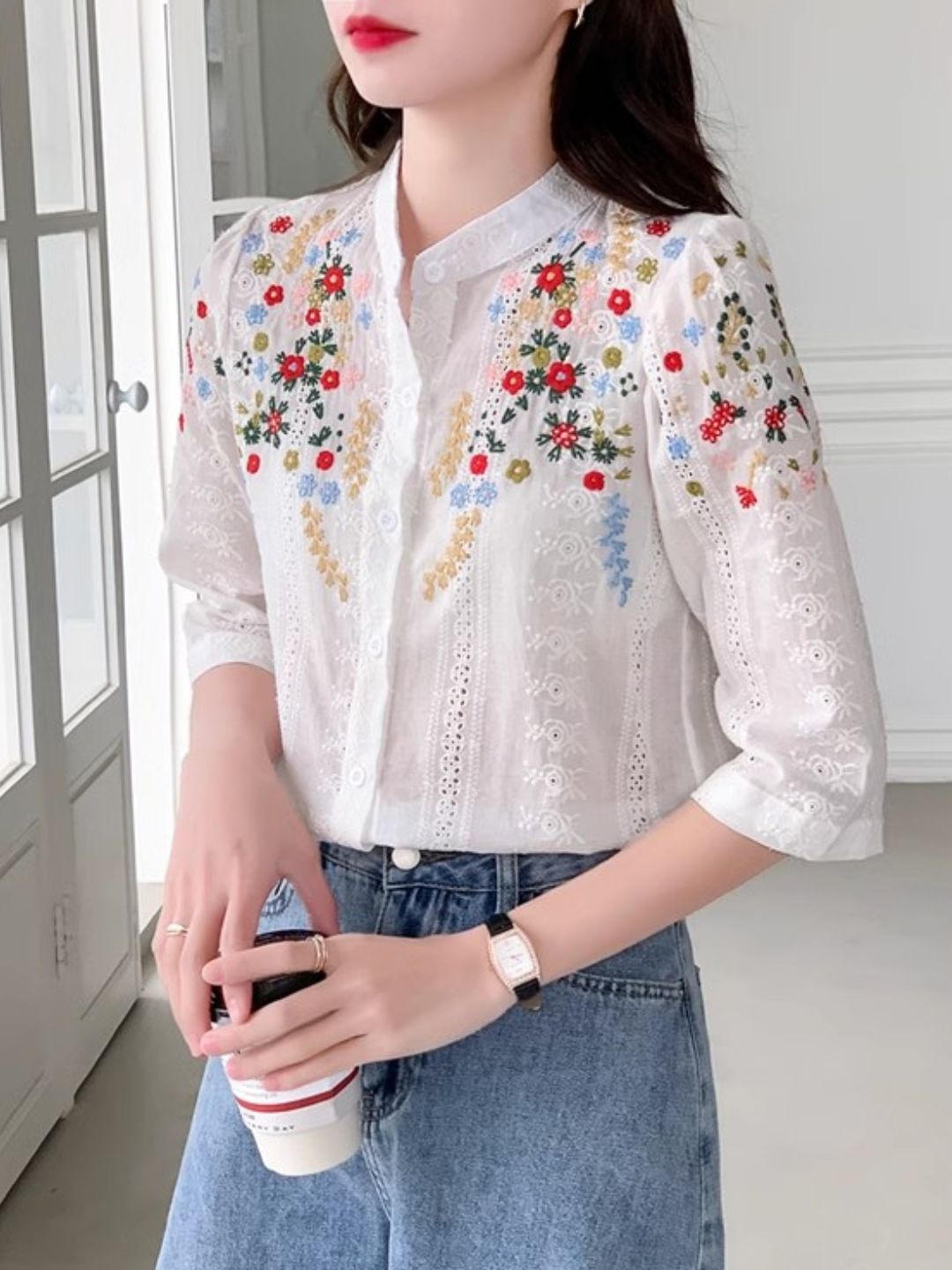 Embroidered Jacquard Stand Collar Shirt - Yellow