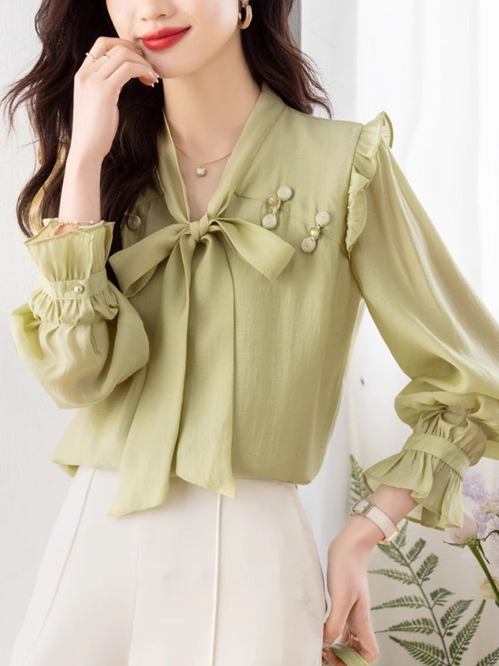 Chic Bow Chiffon Shirt - Green