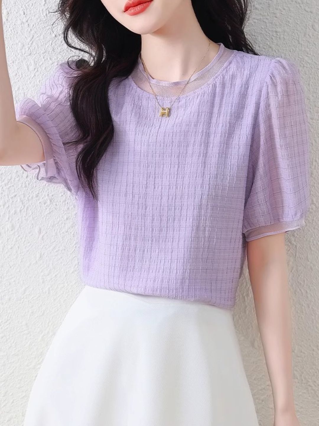 Round Neck Plaid Chiffon Shirt - Pink