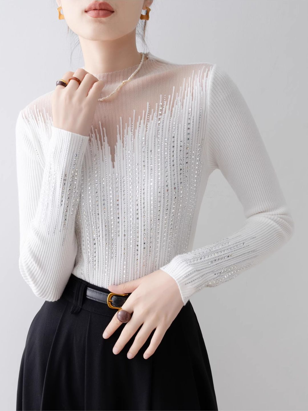 White Half Turtleneck Mesh Top