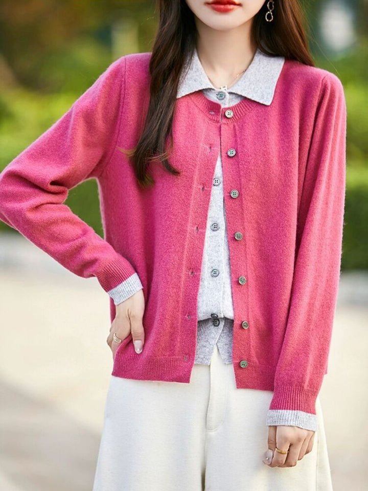 Casual Lapel Colorblock Knit Cardigan Set - Blue