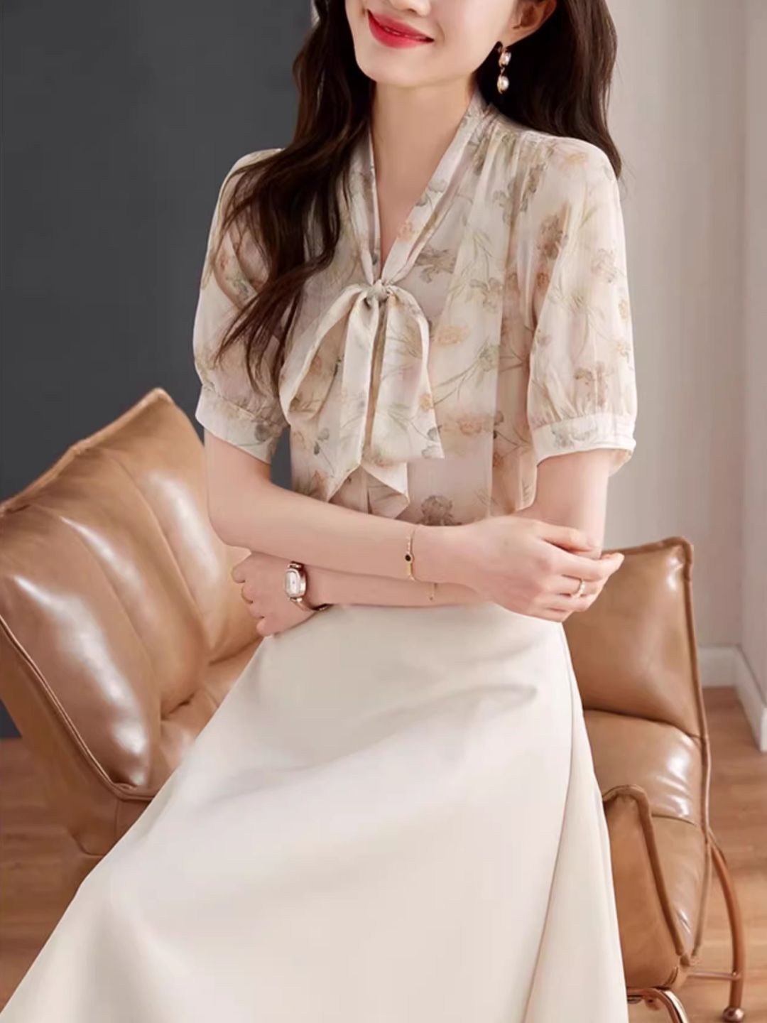 Bow Tie Floral Chiffon Shirt