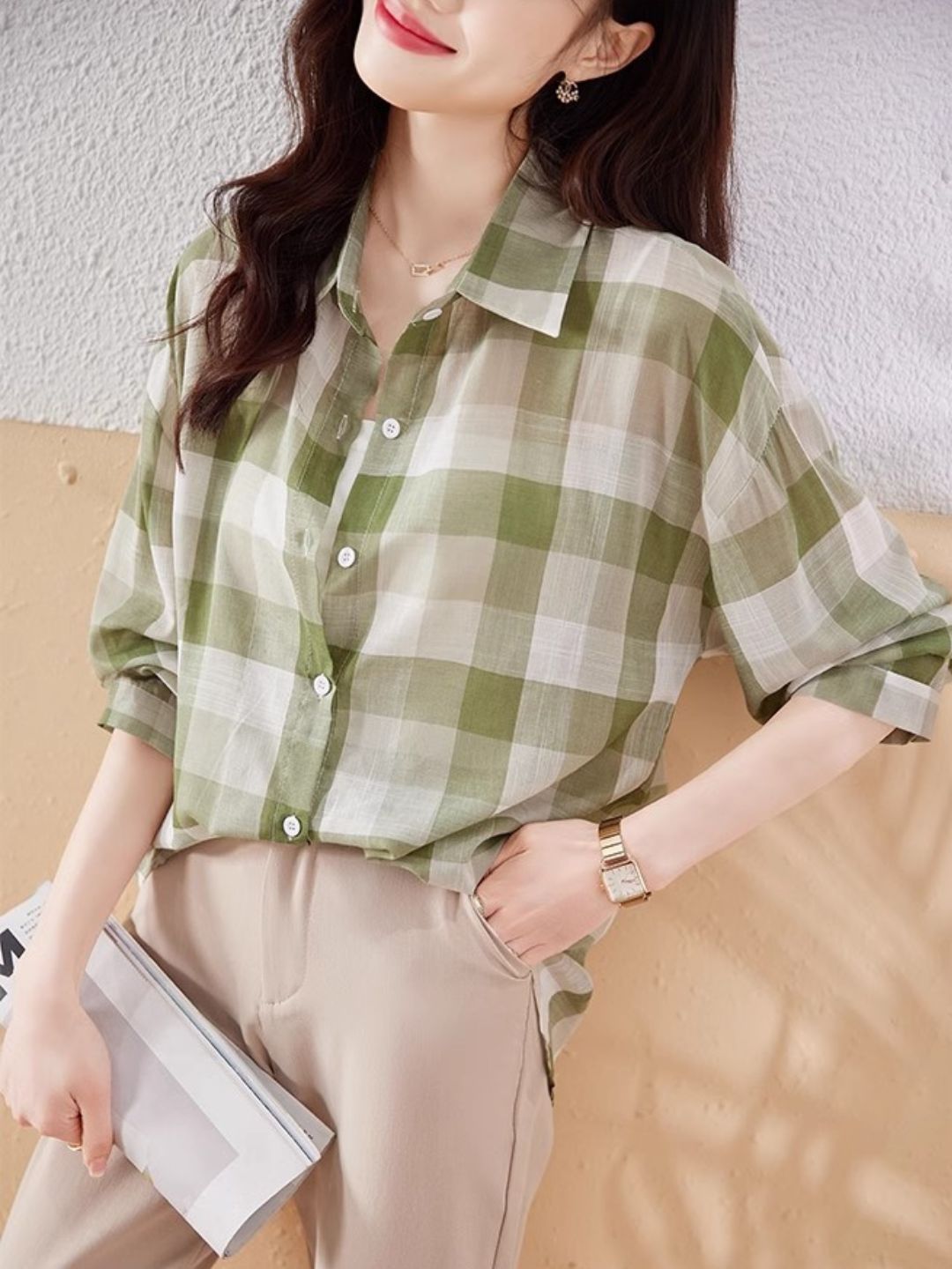 Plaid Chiffon Long Sleeve Shirt