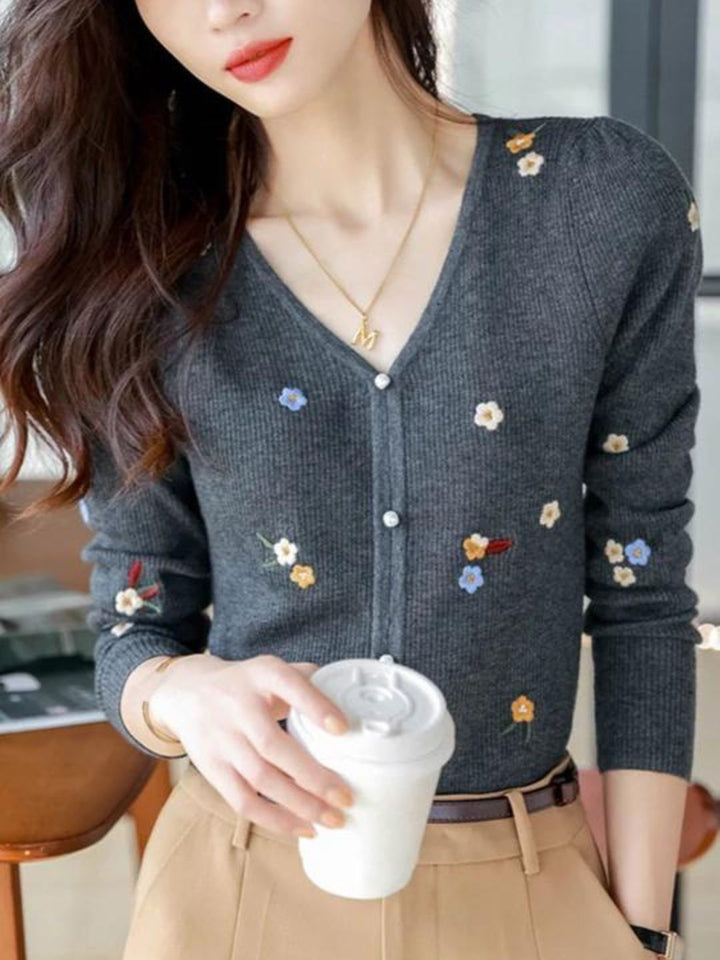 Embroidered Knitted V-neck Long-sleeved Top -Grey