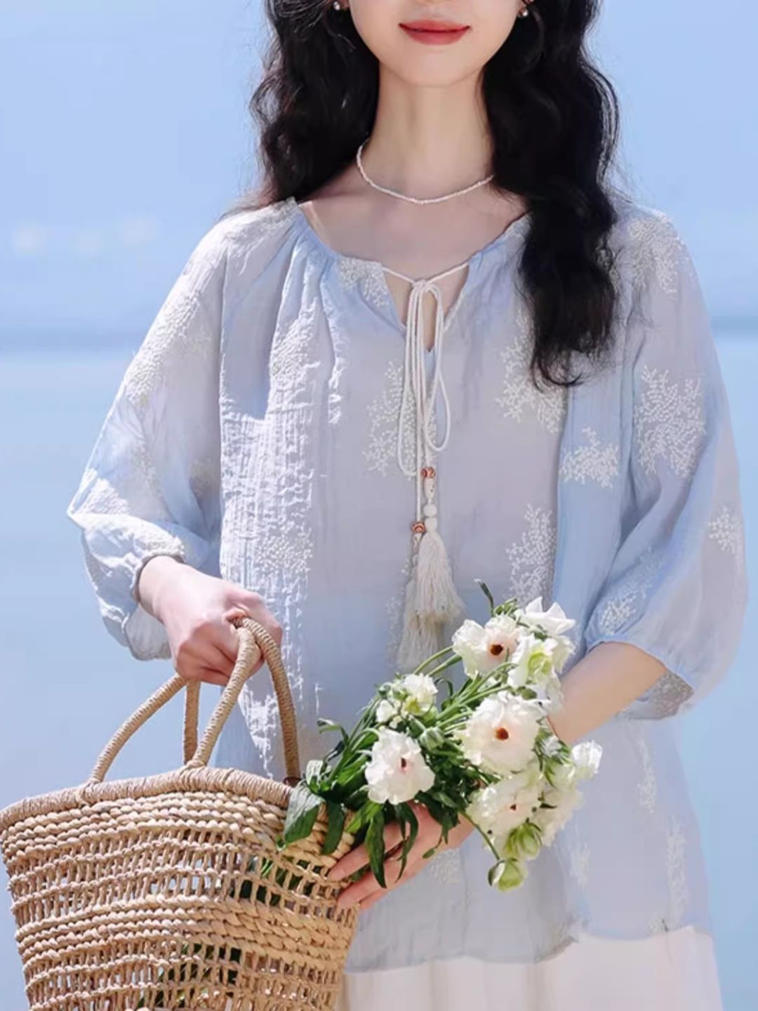 Embroidered Tassel Tie Top