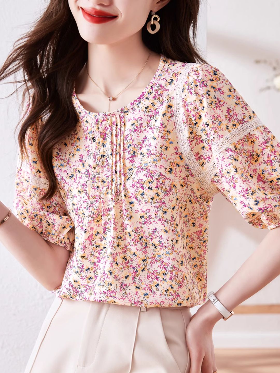 Round Neck Floral Puff Sleeve Chiffon Shirt - Green