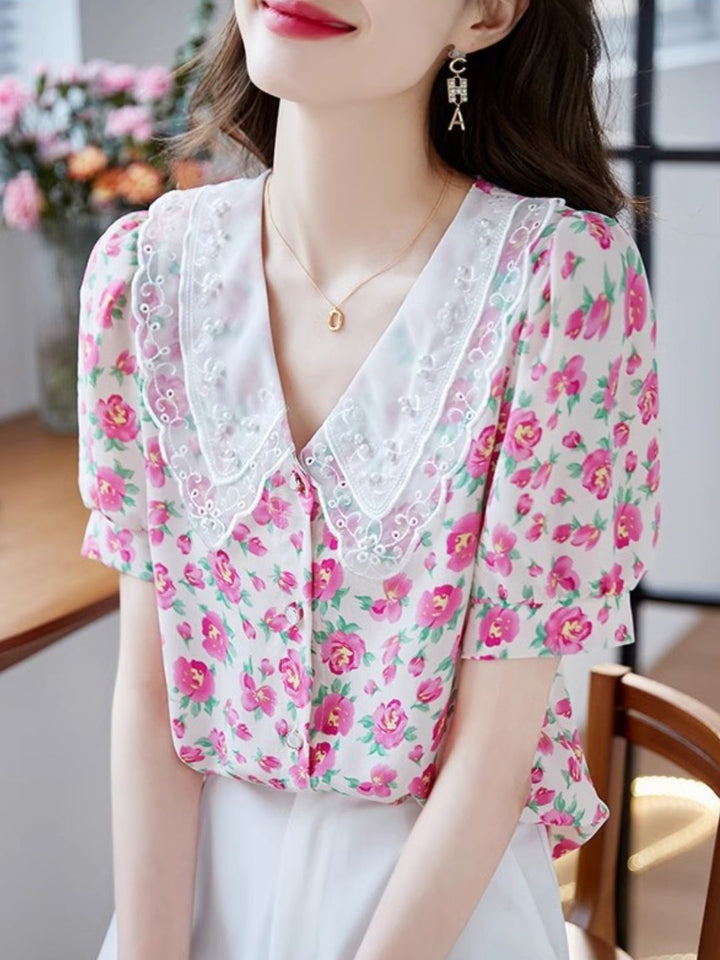 Classic Floral Printed Beaded Chiffon Shirt -Pink