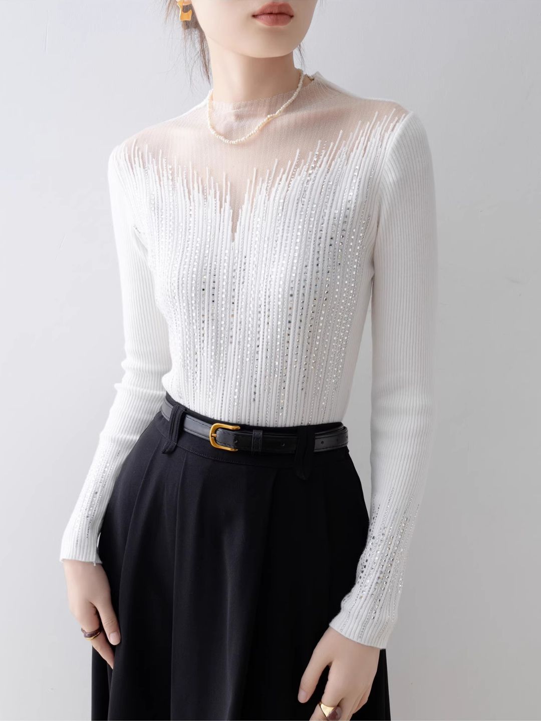 White Half Turtleneck Mesh Top