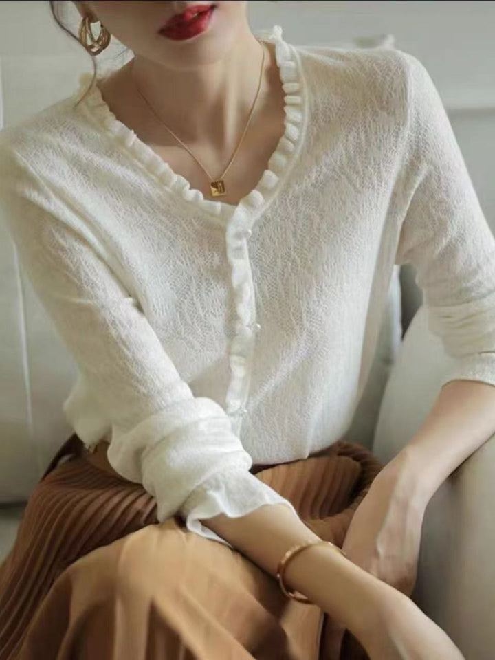 Hollow Fungus Lace V-Neck Top - Black