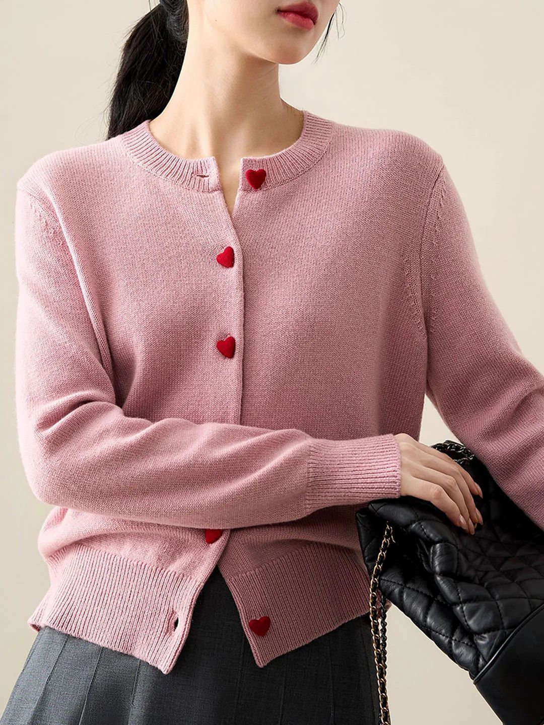 Elegant Crew Neck Heart Button Knitted Cardigan