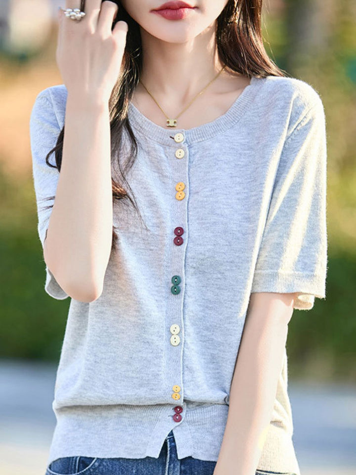 Colorful Button-Down Knitted Short-Sleeved Top