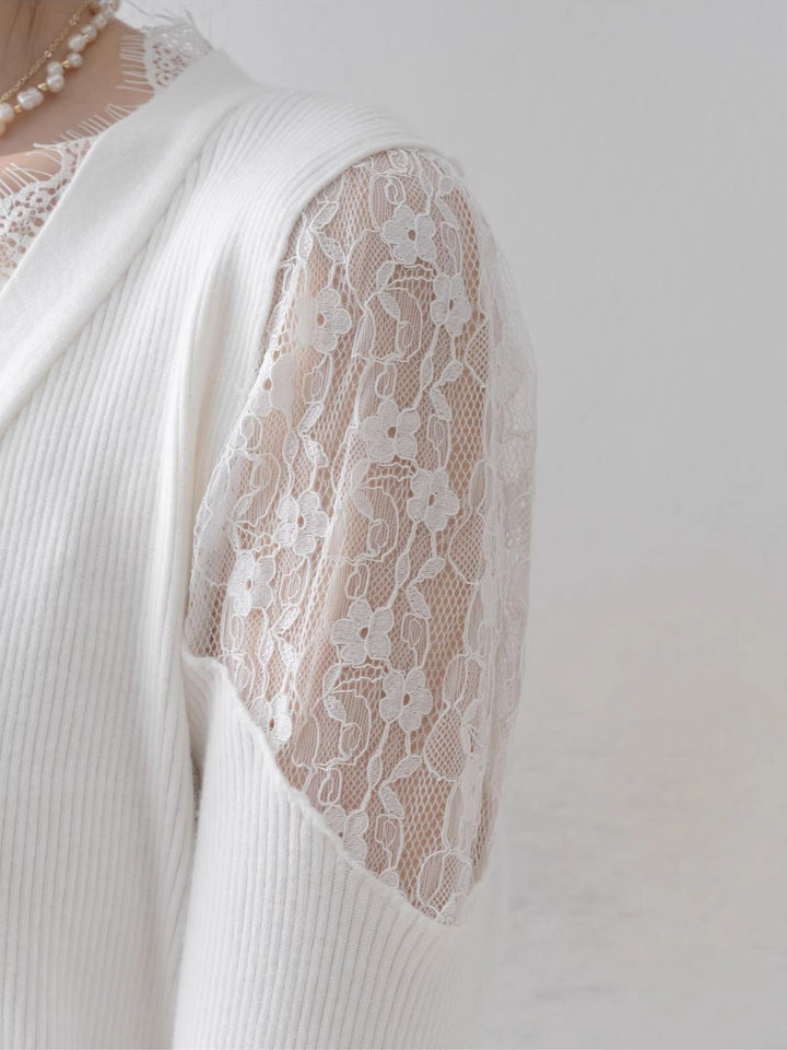 Slim Off-shoulder Lace Knitted Top