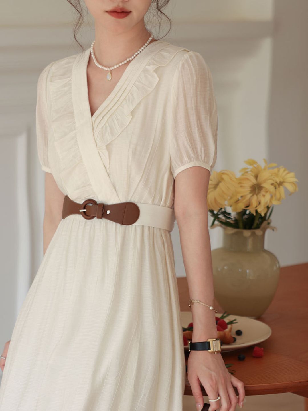 Puff Sleeve Waist Ruffled Solid Color Dress