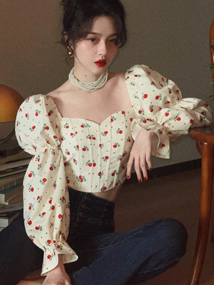 Square Collar Floral Short Shirt Puff Sleeve Top