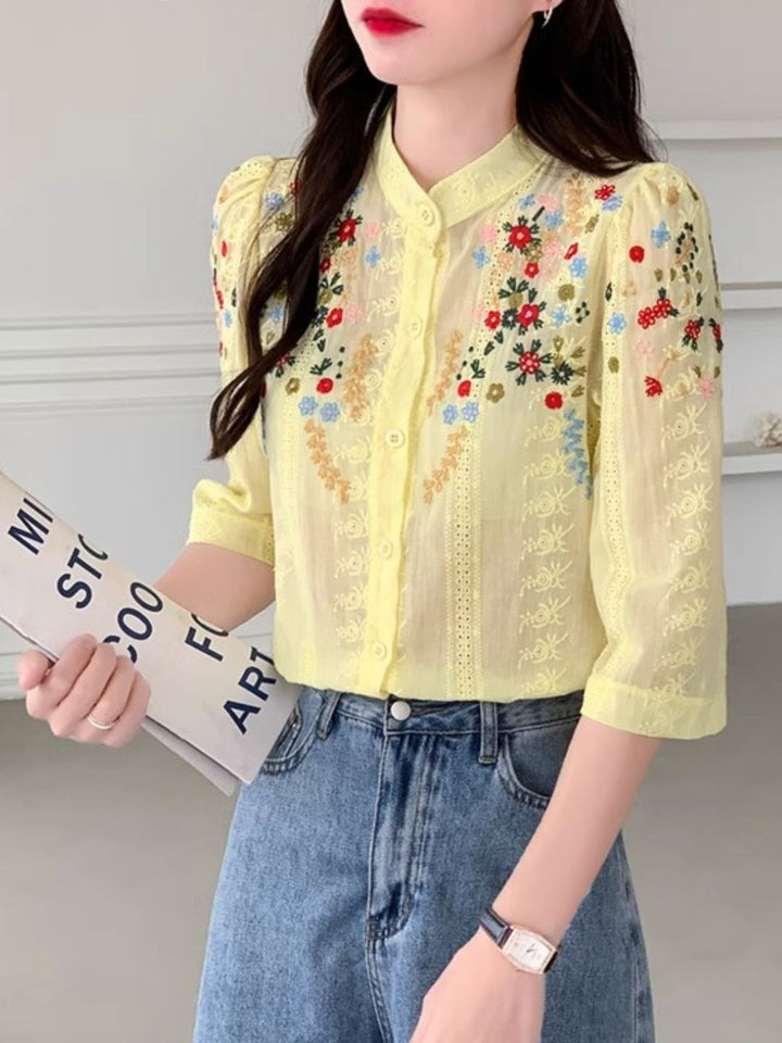 Embroidered Jacquard Stand Collar Shirt - Yellow