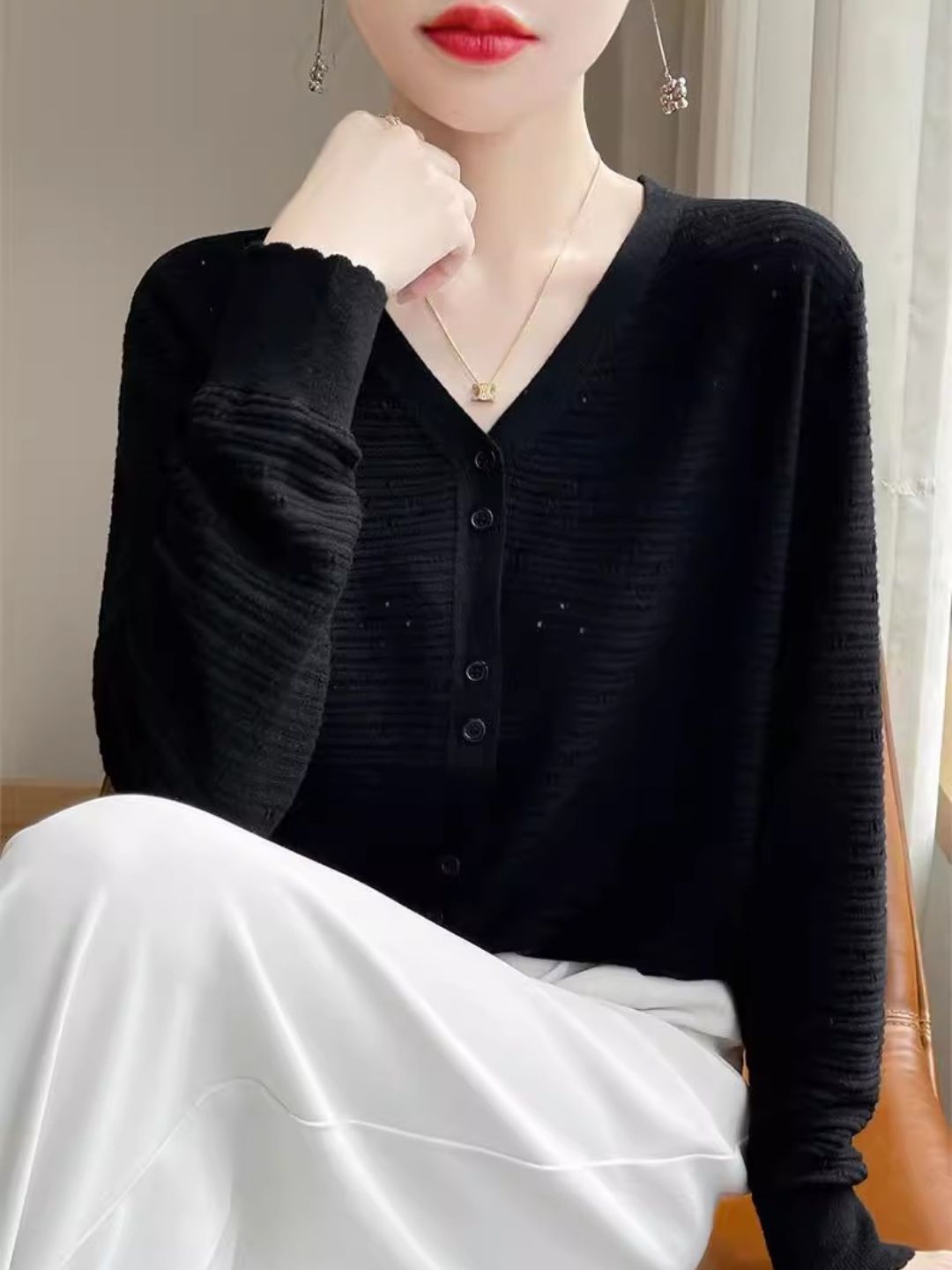 Long Sleeve V-Neck Top Hollow Knit Cardigan
