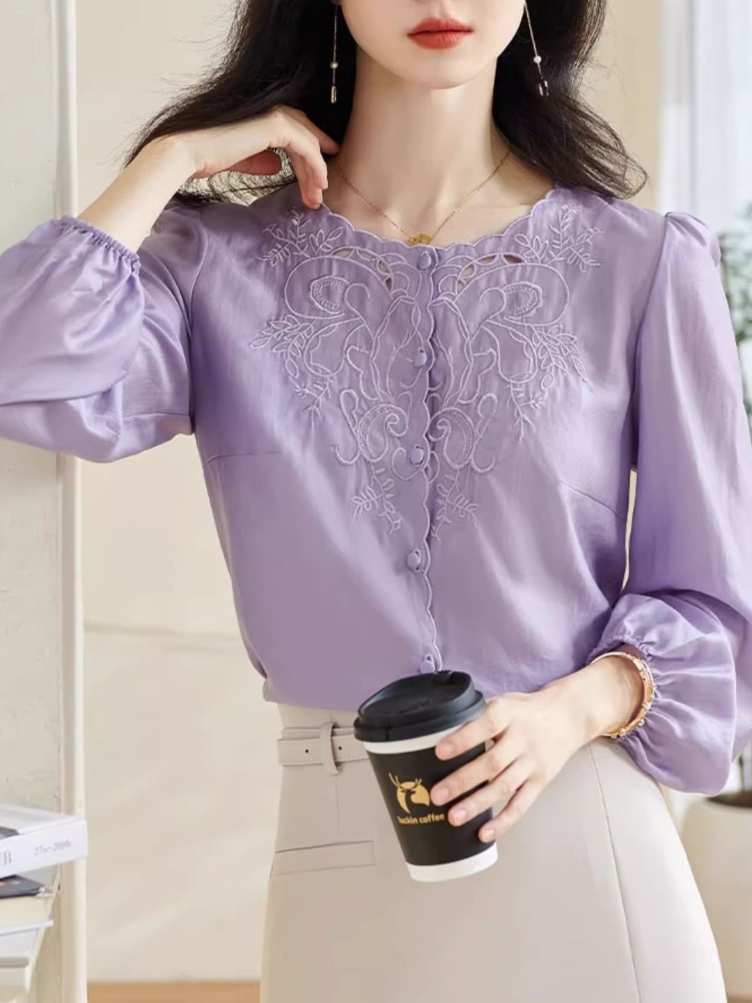 Embroidered Long-sleeved Shirt -Purple