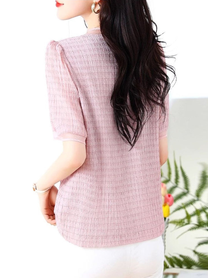 Round Neck Plaid Chiffon Shirt - Pink