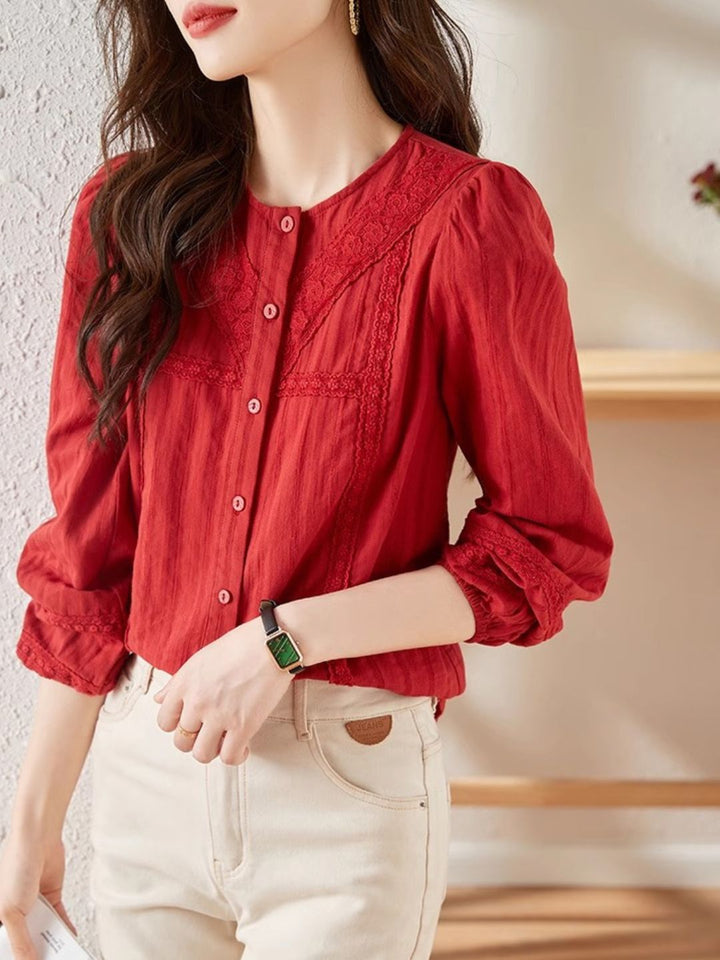 Versatile Lace Long Sleeve Shirt - Red