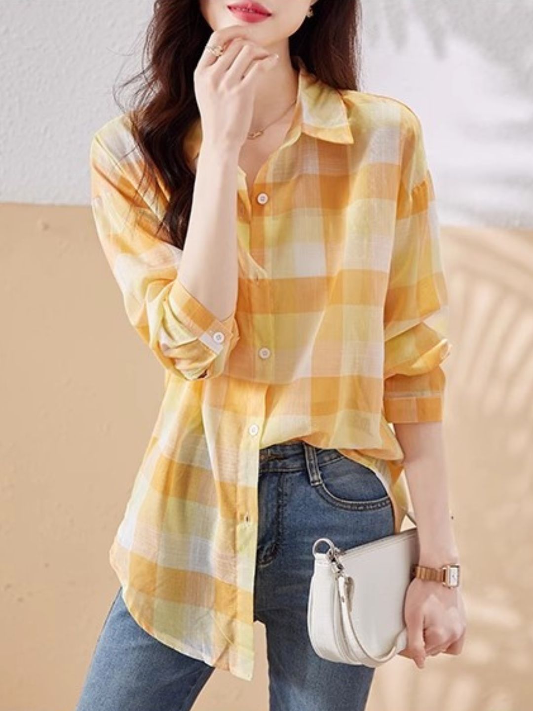 Plaid Chiffon Long Sleeve Shirt