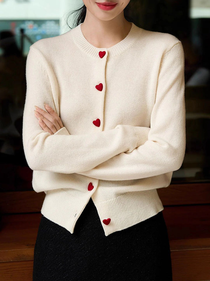 Elegant Crew Neck Heart Button Knitted Cardigan