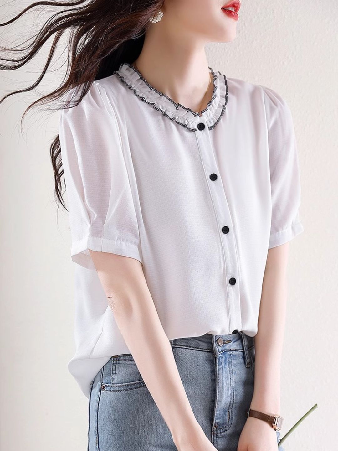Versatile Chiffon Short-sleeved Shirt - Black
