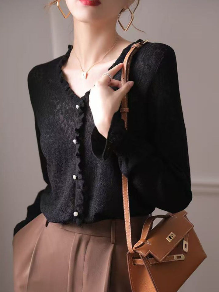 Hollow Fungus Lace V-Neck Top - Black