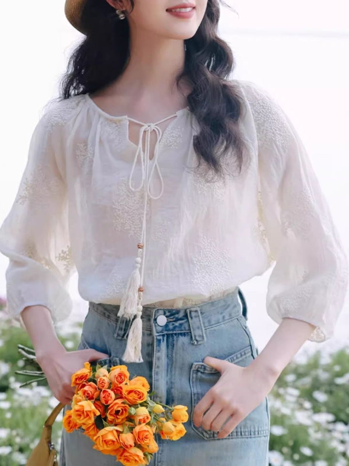 Embroidered Tassel Tie Top