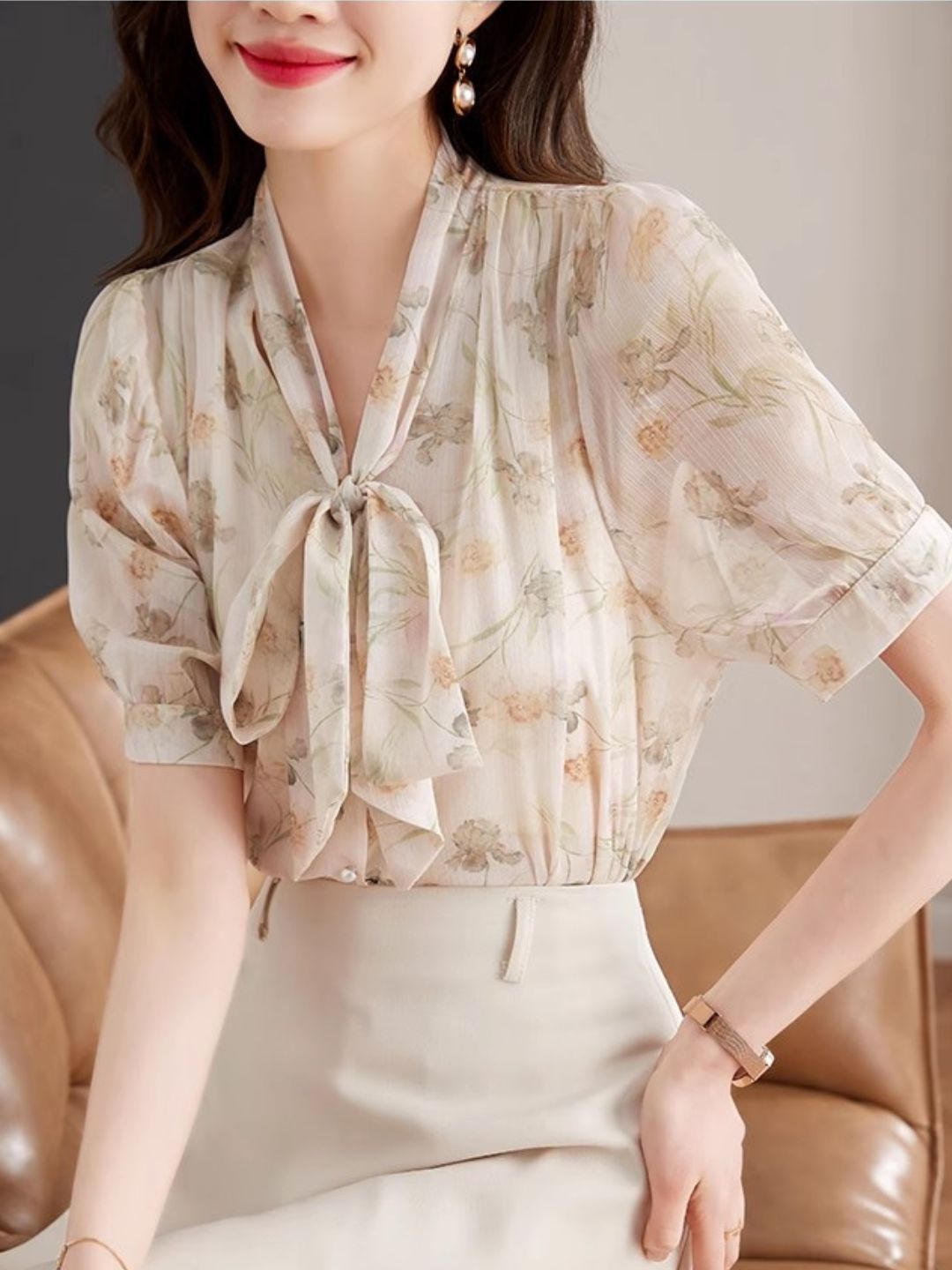 Bow Tie Floral Chiffon Shirt