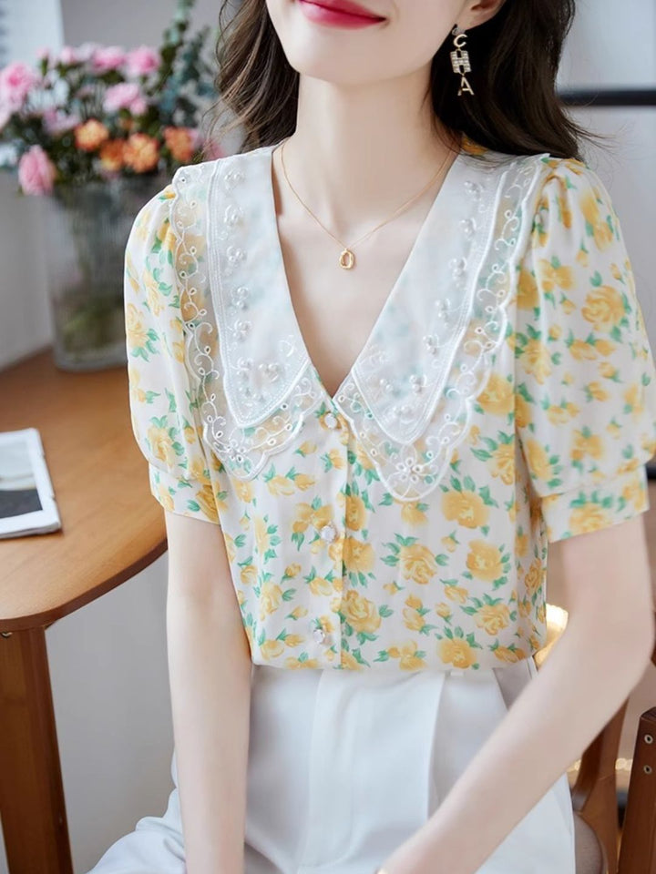 Classic Floral Printed Beaded Chiffon Shirt -Pink