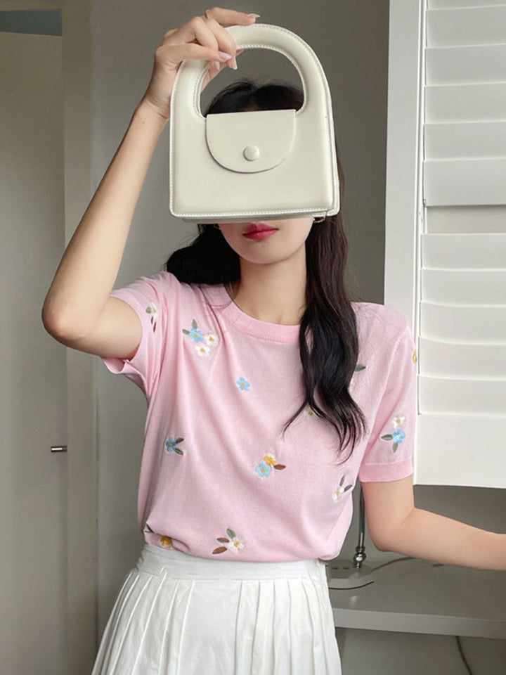 Crew Neck Embroidered Knitted Short Sleeves - Blue