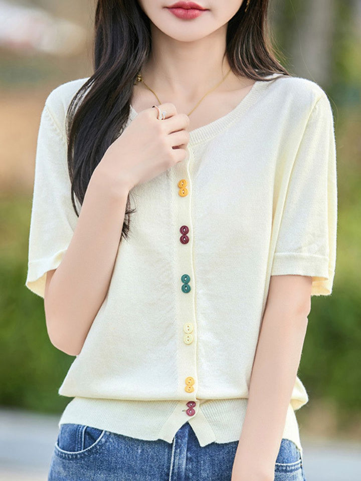 Colorful Button-Down Knitted Short-Sleeved Top