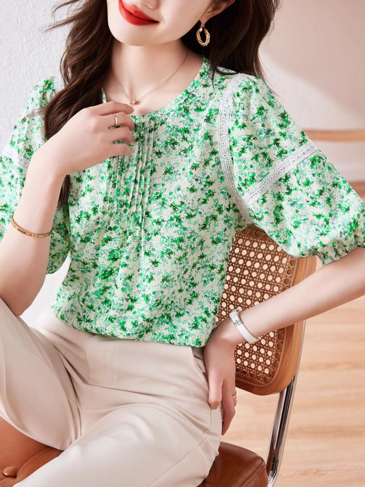 Round Neck Floral Puff Sleeve Chiffon Shirt - Green