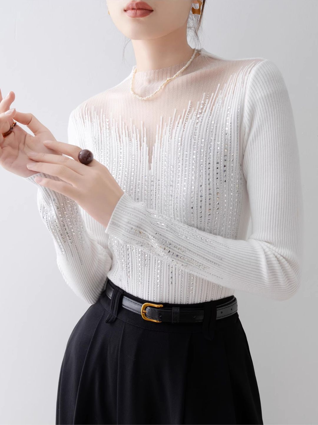 White Half Turtleneck Mesh Top