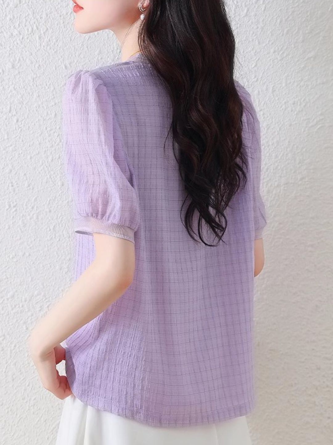 Round Neck Plaid Chiffon Shirt - Pink