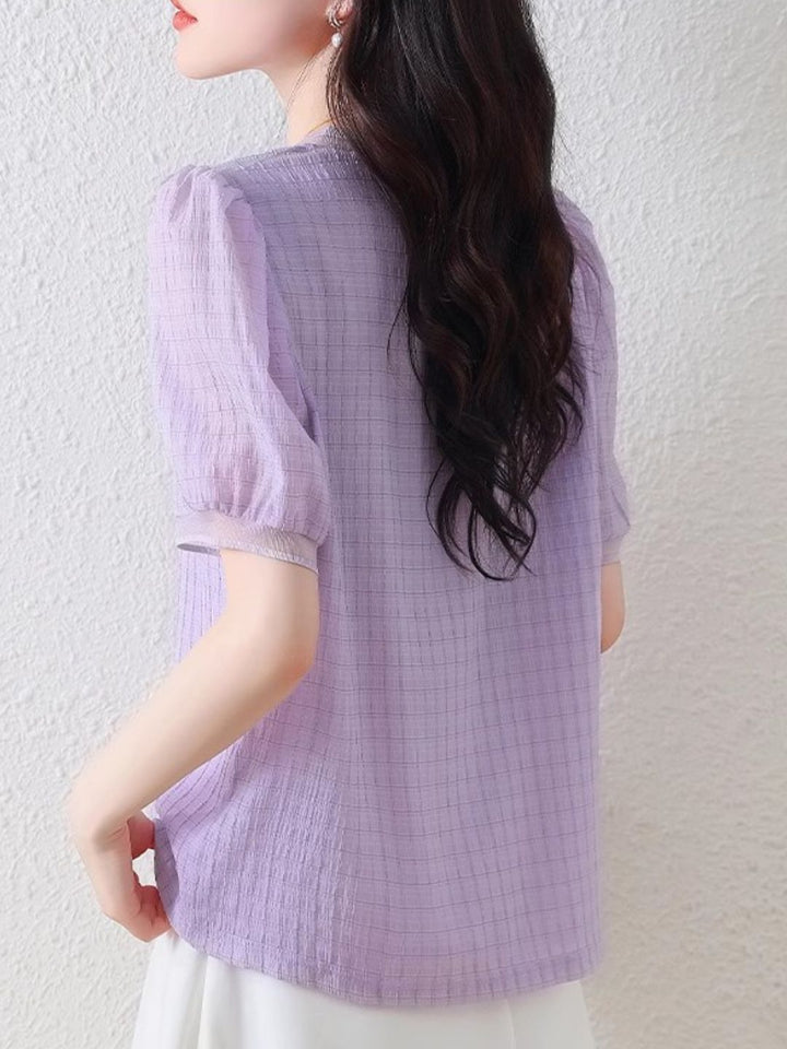 Round Neck Plaid Chiffon Shirt - Pink