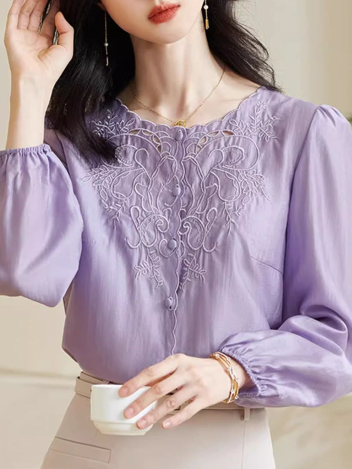 Embroidered Long-sleeved Shirt -Purple