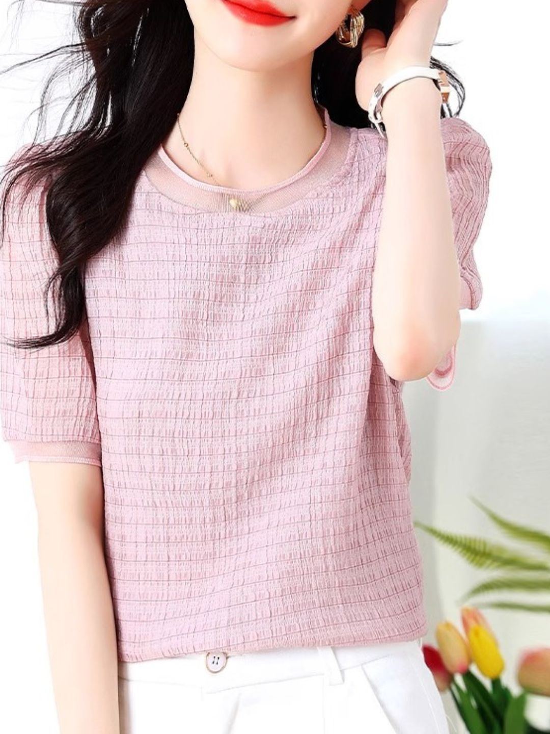 Round Neck Plaid Chiffon Shirt - Pink