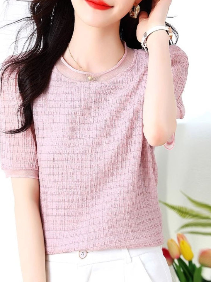 Round Neck Plaid Chiffon Shirt - Pink